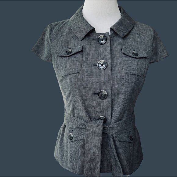 ANN TAYLOR LOFT LADIES PETITE LINED GRAY TWEED BUTTON UP BELTED SS JACKET NWT 4P - Picture 6 of 9